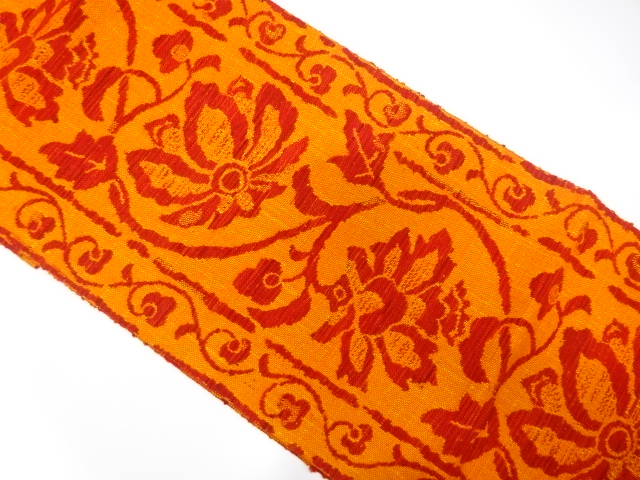 手織り真綿紬　唐花模様織り出し名古屋帯